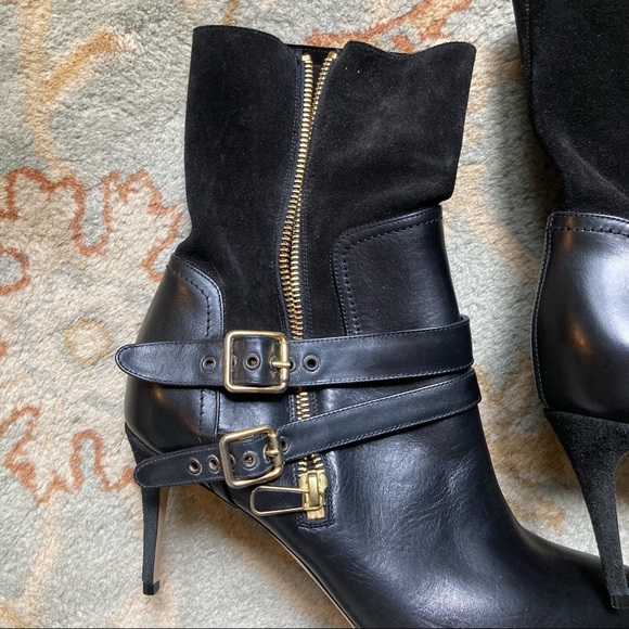 NWT Paul Andrew 8.5 Black Suede Leather Booties Gold Zipper High Heel Buckle - Picture 4 of 4